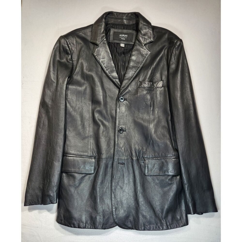 Alfani Mens Leather Blazer Jacket Black 42R Classic Button Front Sport Coat